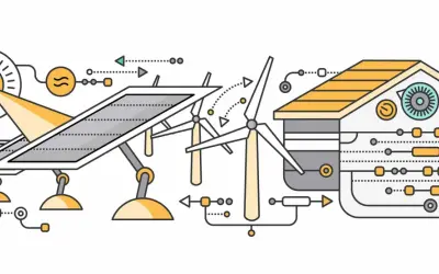 Ilustracja koncepcyjna: dom pasywny projekt z panelami słonecznymi, turbiną wiatrową i systemem dystrybucji energii.