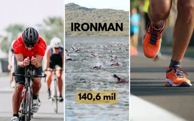 Kolarz, pływacy i biegacz w akcji podczas zawodów Ironman. 140,6 mil to dystans do pokonania.
