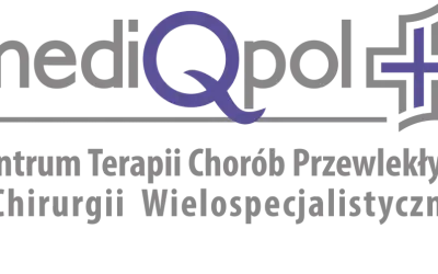 Logo "mediQpol" z symbolem krzyża i napisem "Centrum Terapii Chorób Przewlekłych i Chirurgii Wielo specja listycznej".