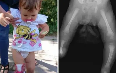 Rentgen nóżek niemowlaka z widocznym strzelaniem kości. Dziecko w pieluszce i koszulce z pszczółką Mają.
