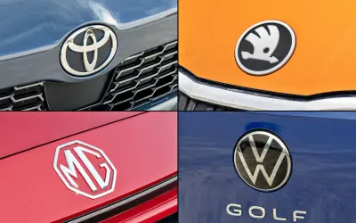 Logo Toyota, Škoda, MG i Volkswagen Golf. Kolekcja nowych marek samochodów.