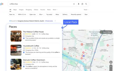 Wyniki wyszukiwania kawy w Austin, pokazujące lokalny pakiet z kawiarniami i mapą, kluczowe dla lokalnego SEO.