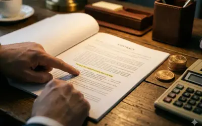 Dłoń wskazuje na dokument "wypowiedzenie za porozumieniem stron". Obok leży kalkulator i monety.