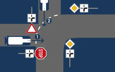 Kreuzung mit Verkehrszeichen: Vorfahrt achten Schild, Stoppschild und Richtungspfeile. Ein Auto fährt geradeaus, ein anderes biegt ab.
