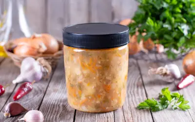 Słoik z domową zupą warzywną, obok cebula, czosnek i chili. Dowiedz się, jakich zup nie można mrozić.