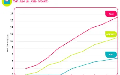 Graphique du tableau prise de poids grossesse par mois, montrant trois courbes (maxi, normale, mini) de la prise de poids en kilos de 0 à 18.
