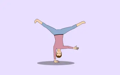 Ilustración de una persona haciendo una parada de manos con las piernas abiertas, como para enseñar como hacer volteretas niños.