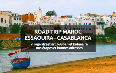 Bateau coloré sur la rive d'une ville côtière marocaine, avec des bâtiments blancs et bleus en arrière-plan.