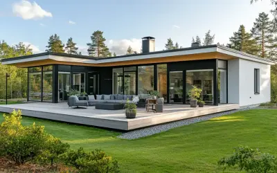Modernt hus med stora fönster och en rymlig altan. Det platta taket ger huset en stilren och minimalistisk känsla.