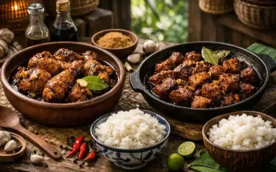 En skål med kyckling adobo och en panna med fläsk adobo, serveras med ris, chili och lime.