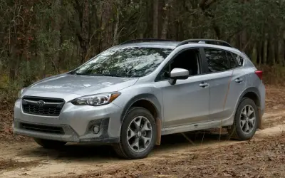 Srebrny Subaru Crosstrek na leśnej drodze, gotowy na przygodę.