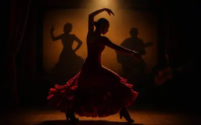 Bailarina de flamenco con vestido rojo, sombras de guitarrista y bailaora en el fondo. Escena de un documental flamenco.