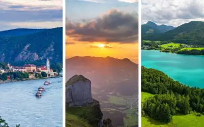 Drei Szenen Österreichs: Fluss mit Schiffen und Stadt, Berg bei Sonnenuntergang, türkiser See mit Wald.