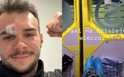 Mężczyzna z opatrunkiem po uderzeniu w łuk brwiowy, w tle wnętrze karetki.