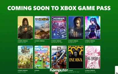 Grafika przedstawia okładki gier dostępnych w Xbox Game Pass, z napisem "Coming Soon to Xbox Game Pass".