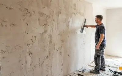 Un homme applique de l'enduit sur un mur texturé, prêt à peindre un mur déjà peint sans poncer.