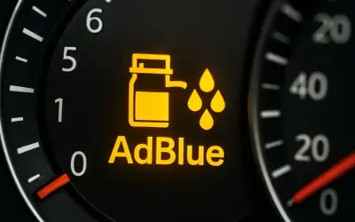 Luz de advertencia del sistema SCR AdBlue en el tablero. Indica que el nivel de AdBlue es bajo y necesita ser rellenado.