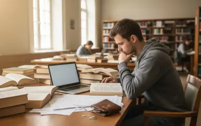Student pochłonięty nauką w bibliotece, otoczony książkami i notatkami. Intensywna praca nad materiałem, by uzyskać warunkowe zaliczenie przedmiotu.