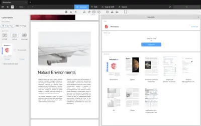 Jak połączyć pliki PDF? Interfejs programu do edycji PDF pokazuje opcje układu strony, podziału widoku i ostatnio otwierane dokumenty, sugerując sposób na scalenie plików.