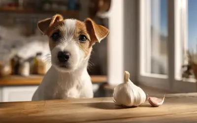 Un adorable chien regarde une tête d'ail sur une table en bois.