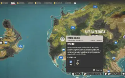 Mapa Far Cry 6 z zaznaczonym zadaniem "Owoce miłości" w regionie Sierra Perdida.