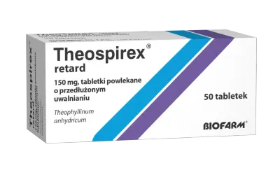 Opakowanie leku Theospirex retard, 150 mg, 50 tabletek powlekanych o przedłużonym uwalnianiu.