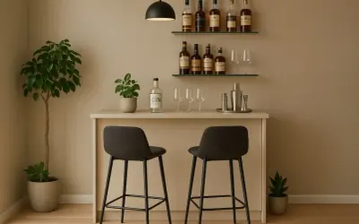 Elegante angolo bar con bottiglie di liquori, bicchieri, shaker e due sgabelli.