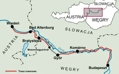 Mapa pokazuje trasę rowerową i kolejową z Wiednia przez Bratysławę i Győr do Budapesztu. Gdzie jest Budapeszt? Na Węgrzech, na wschód od Słowacji.