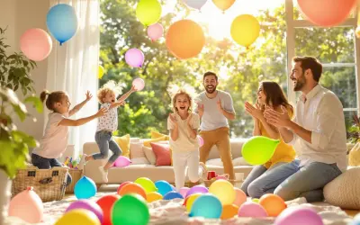 Radosna rodzina świętuje, dzieci skaczą wśród kolorowych balonów, jakby brały udział w wyścigu balonów.