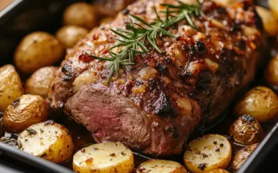 Jugoso pan de carne asado con patatas doradas y romero fresco.