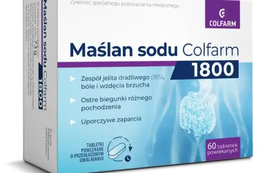 Maślan sodu Colfarm 1800 - tabletki powlekane o przedłużonym uwalnianiu na zespół jelita drażliwego, biegunki i zaparcia.