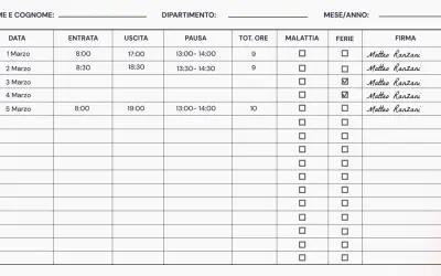 Scheda mensile ore di lavoro con date, orari di entrata/uscita, pause, ore totali, caselle per malattia/ferie e firma.