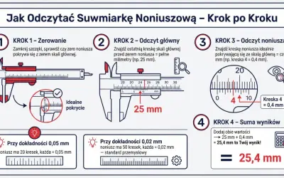 Instrukcja jak mierzyć suwmiarką 0,05 mm. Pokazuje zerowanie, odczyt główny (25 mm), odczyt noniusza (0,4 mm) i sumowanie wyników.