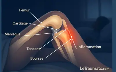 Anatomie du genou montrant l'inflammation interne, le cartilage, le ménisque et les tendons. Aide à comprendre comment soigner douleur genou interne.