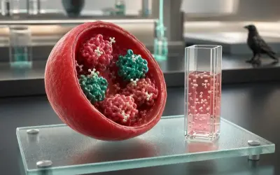 Hba1c co to za badanie? Czerwona krwinka z cząsteczkami hemoglobiny i glukozy, obok probówki z różowym płynem.
