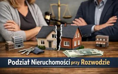 Symboliczny podział mieszkania po rozwodzie: rozdzielony dom, klucze, pieniądze i waga sprawiedliwości.