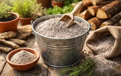 Un secchio di cenere, un fertilizzante naturale, pronto per nutrire le tue piante. La cenere fa bene alle piante, arricchendo il terreno.