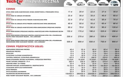 Cennik usług myjni samochodowej: zestawy mycia, woskowania, polerowania i sprzątania wnętrza. Sprawdź koszt myjni samochodowej dla różnych pakietów.