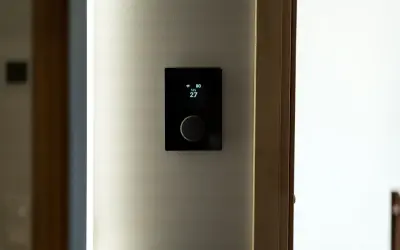 Nowoczesny termostat steruje ogrzewaniem elektrycznym, pokazując temperaturę 27 stopni.