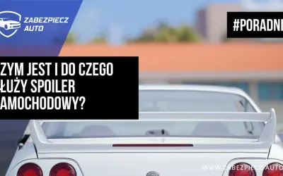 Biały spoiler na sportowym samochodzie. Tekst: "Czym jest i do czego służy spoiler samochodowy?". #Poradnik.