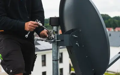 Technik dokręca śruby, by poprawnie ustawić antenę satelitarną.