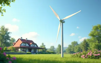 Zielony trawnik, dom z czerwonym dachem i wiatrak na tle błękitnego nieba. Czy pomocna ekipa PGNiG jest obowiązkowa przy takiej instalacji?