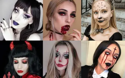 Sei donne con diversi look di trucco halloween: vampiro, gatto, diavoletto, clown e gotico. Un trucco halloween donna semplice ma d'effetto.