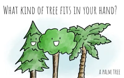 Tre alberi sorridenti, uno a forma di pino, uno tondo e uno di palma, con la scritta "Che albero sta nella tua mano?". Perfetto per barzellette per bambini.