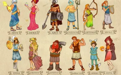Bogini piękna Afrodyta, obok innych greckich bogów i herosów, takich jak Zeus, Hera, Ares, Posejdon, Artemida, Apollo, Atena, Hefajstos, Herakles, Hermes i Hestia.