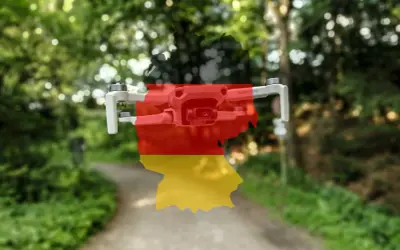 Drohne mit Deutschlandkarte und Flagge, bereit für den c1 Drohnenführerschein.