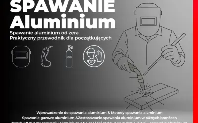 Ilustracja przedstawia spawanie aluminium migomatem. Widoczny spawacz w masce ochronnej, butla z argonem i palnik.