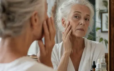 Donna anziana si tocca il viso, notando la pelle avvizzita a 65 anni. Riflessione nello specchio.
