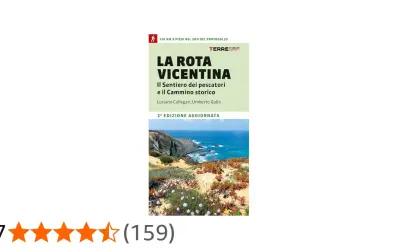 Copertina del libro "La Rota Vicentina", con paesaggio costiero e indicazioni sulle tappe del cammino.