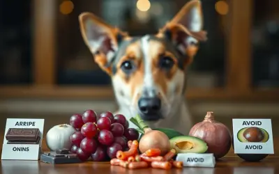 Pies patrzy na stół z zakazanymi produktami: czekoladą, winogronami, cebulą, awokado. Zastanawiasz się, jakie przyprawy dla psa są bezpieczne?